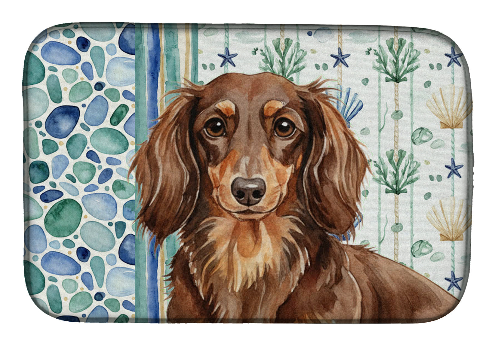 Longhaired Chocolate and Tan Dachshund Coastal Sea Glass Dish Drying Mat Absorbent Dish Drying Mat Pad for Kitchen Counter Dish Drainer Mat for Countertop, 14 x 21", Multicolor