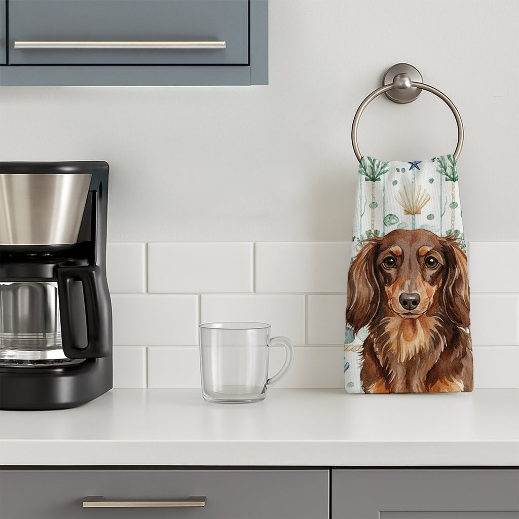 Longhaired Chocolate and Tan Dachshund Coastal Sea Glass Kitchen Towel Velour Plush Front and Cotton Loop Back Machine Washable