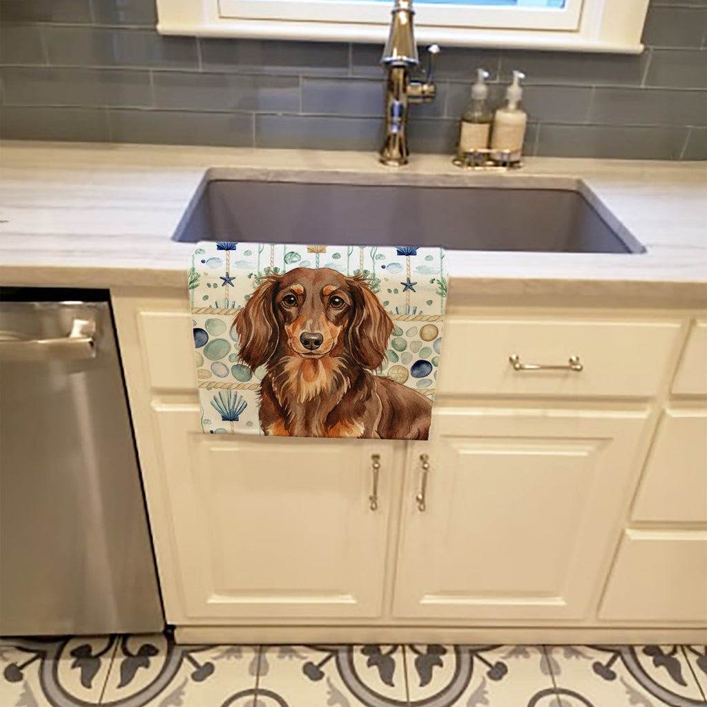 Longhaired Chocolate and Tan Dachshund Coastal Sea Glass Kitchen Towel Velour Plush Front and Cotton Loop Back Machine Washable