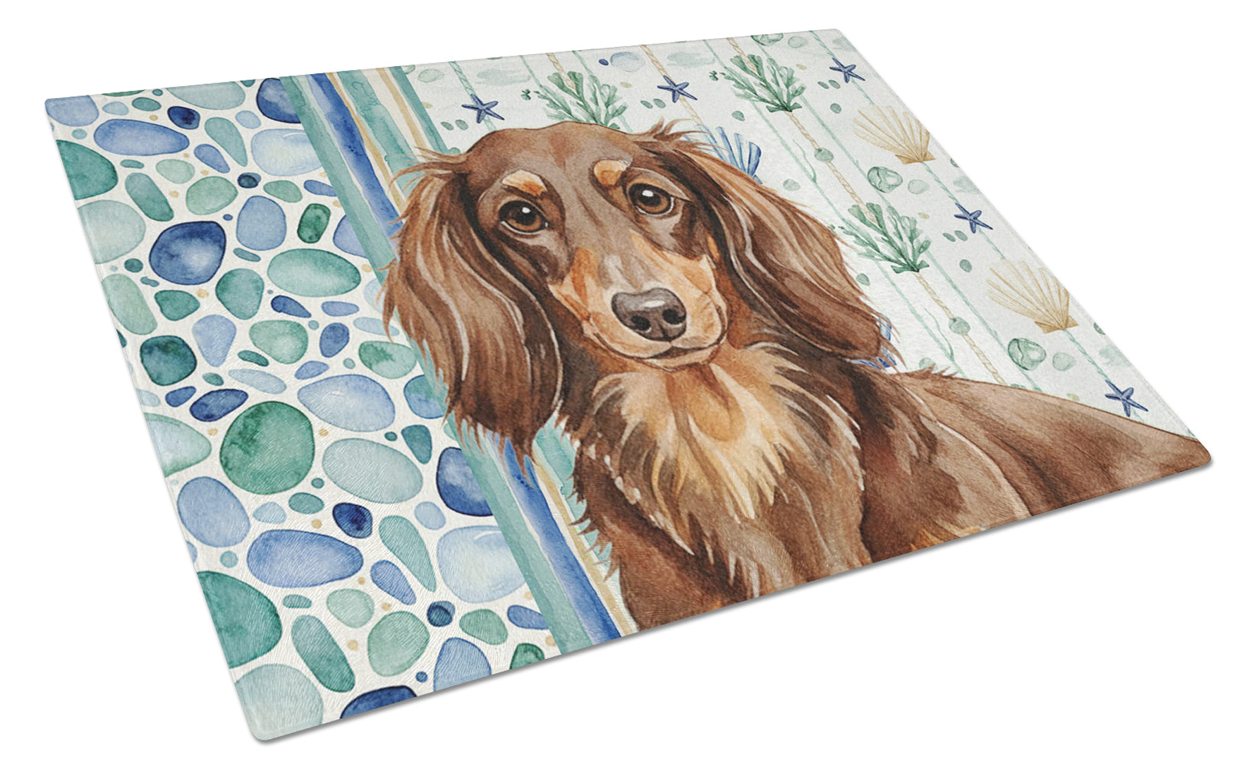 Longhaired Chocolate and Tan Dachshund Coastal Sea Glass Cutting Board Tempered Glass Kitchen Cutting Surface, Heat Resistant Chopping, Non-Slip Feet, Food Prep & Serving