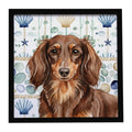 Longhaired Chocolate and Tan Dachshund Coastal Sea Glass Framed Metal Print Bathroom, Kitchen, Office, Home Decor Wall Art Ready to Hang, Square, 8X8