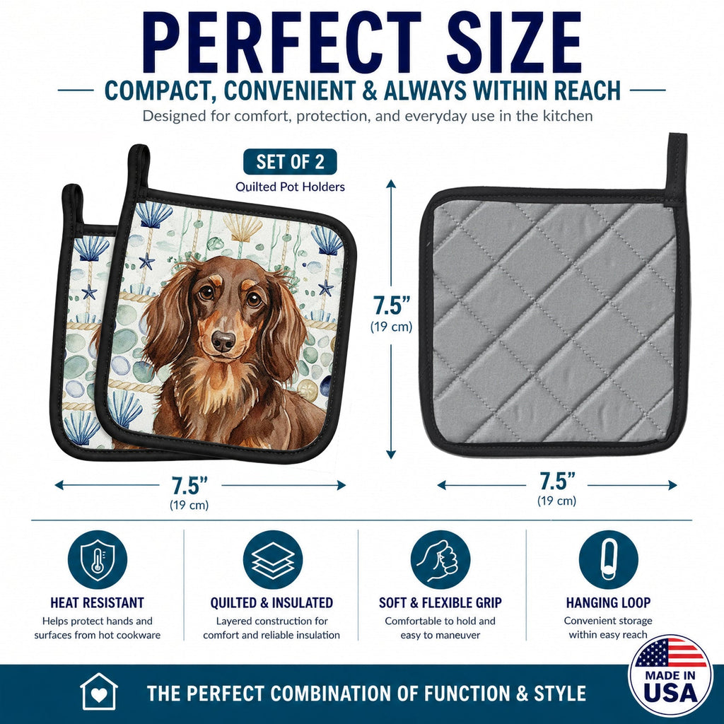 Longhaired Chocolate and Tan Dachshund Coastal Sea Glass Pot Holder Set of 2 Heat Resistant Quilted Hot Pads 7.5 x 7.5 Inch, Insulated Kitchen Trivets for Cooking & Baking