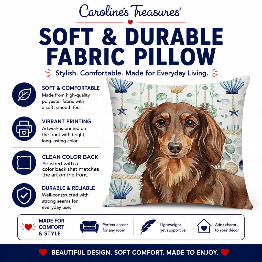 Longhaired Chocolate and Tan Dachshund Coastal Sea Glass Decorative Throw Pillow 14x14 Indoor Outdoor Accent Cushion, Fabric Cover with Insert for Sofa, Bed, Porch & Living Room
