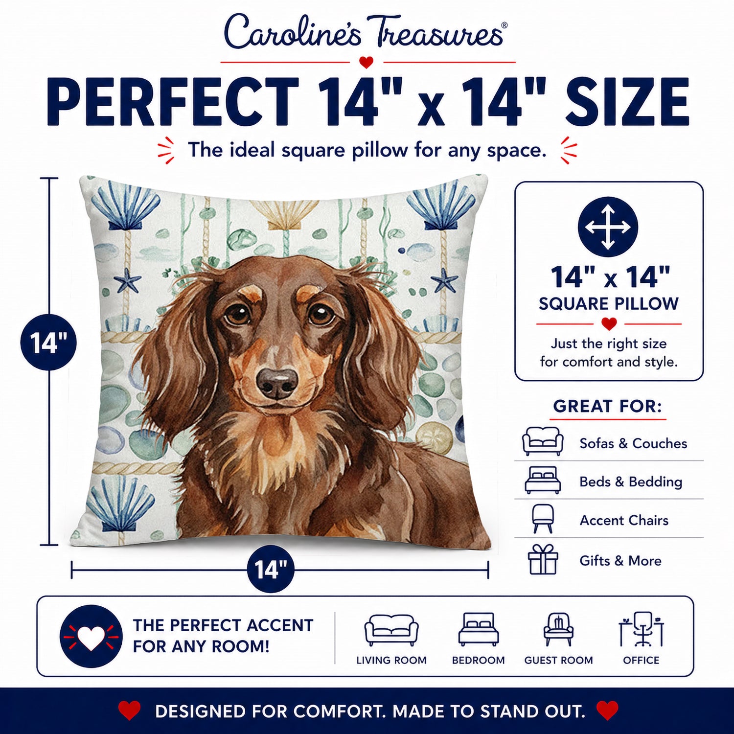 Longhaired Chocolate and Tan Dachshund Coastal Sea Glass Decorative Throw Pillow 14x14 Indoor Outdoor Accent Cushion, Fabric Cover with Insert for Sofa, Bed, Porch & Living Room