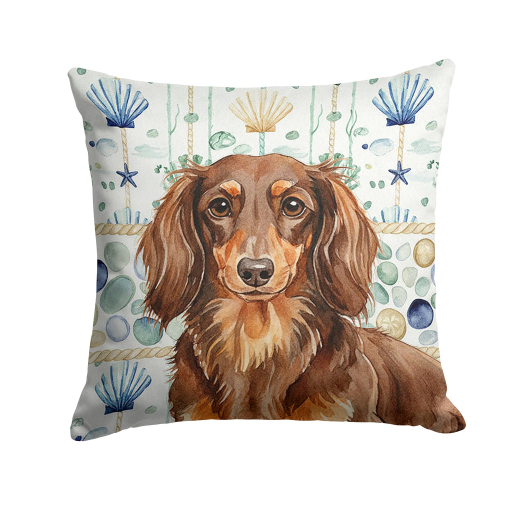 Longhaired Chocolate and Tan Dachshund Coastal Sea Glass Decorative Throw Pillow 14x14 Indoor Outdoor Accent Cushion, Fabric Cover with Insert for Sofa, Bed, Porch & Living Room
