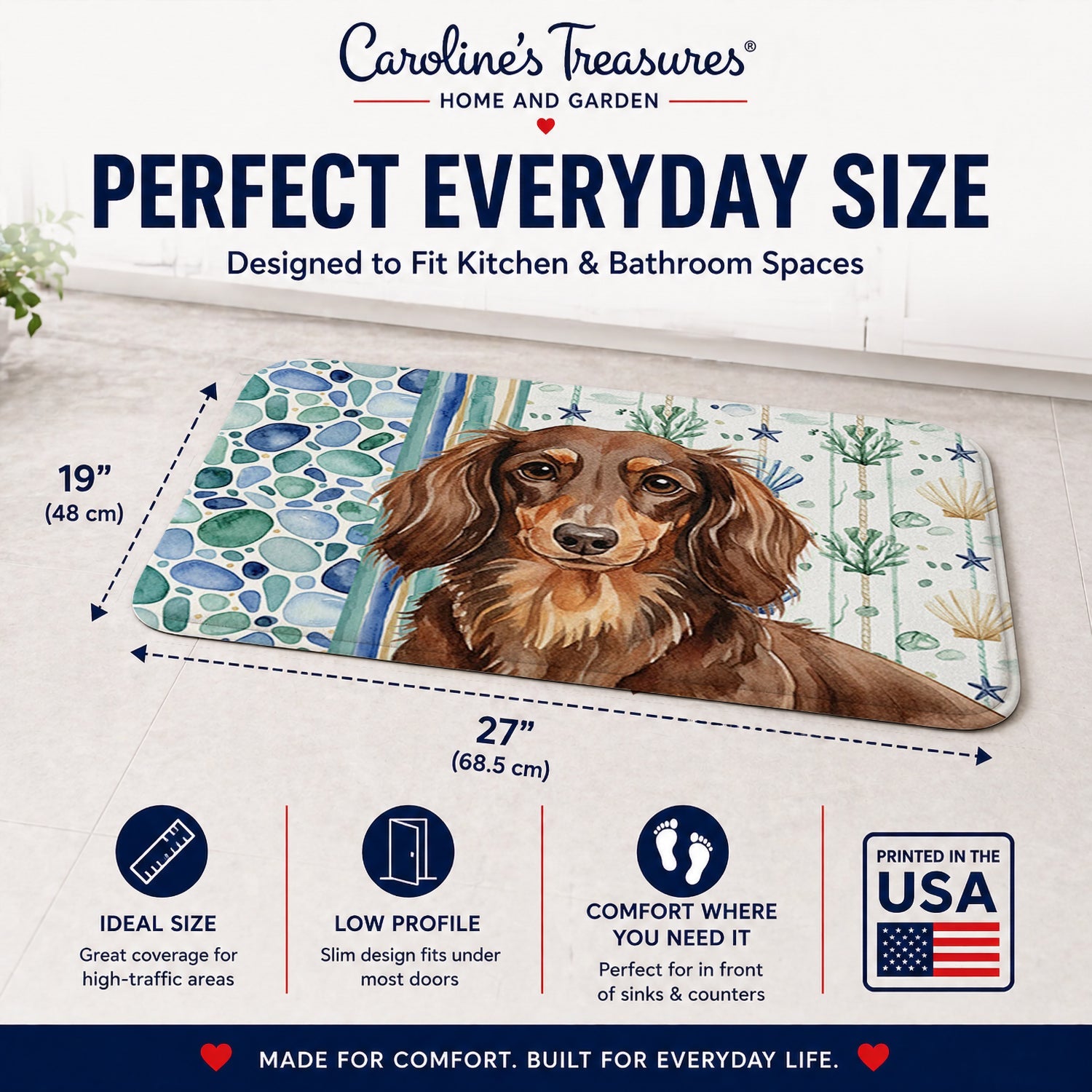 Longhaired Chocolate and Tan Dachshund Coastal Sea Glass Memory Foam Kitchen Mat Machine Washable Anti-Fatigue Cushion Comfort Bath or Kitchen Rug