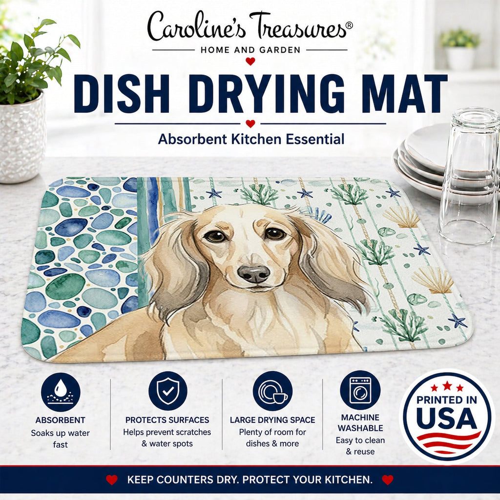 Longhaired Cream Dachshund Coastal Sea Glass Dish Drying Mat Absorbent Dish Drying Mat Pad for Kitchen Counter Dish Drainer Mat for Countertop, 14 x 21", Multicolor
