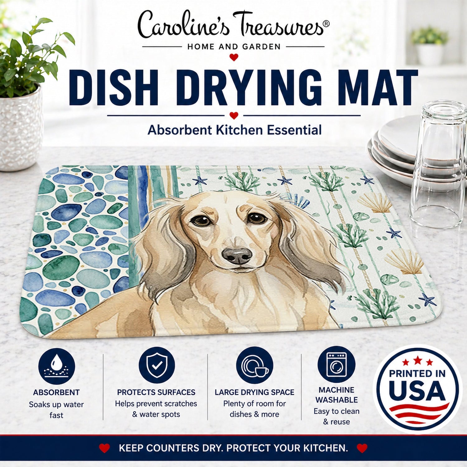 Longhaired Cream Dachshund Coastal Sea Glass Dish Drying Mat Absorbent Dish Drying Mat Pad for Kitchen Counter Dish Drainer Mat for Countertop, 14 x 21", Multicolor