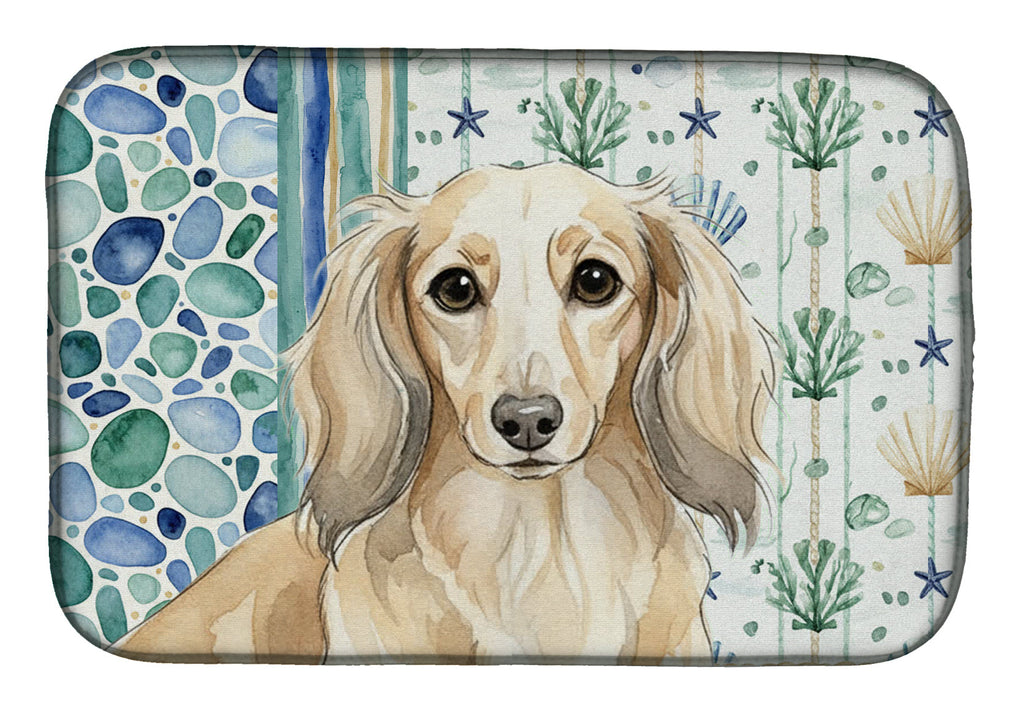 Longhaired Cream Dachshund Coastal Sea Glass Dish Drying Mat Absorbent Dish Drying Mat Pad for Kitchen Counter Dish Drainer Mat for Countertop, 14 x 21", Multicolor