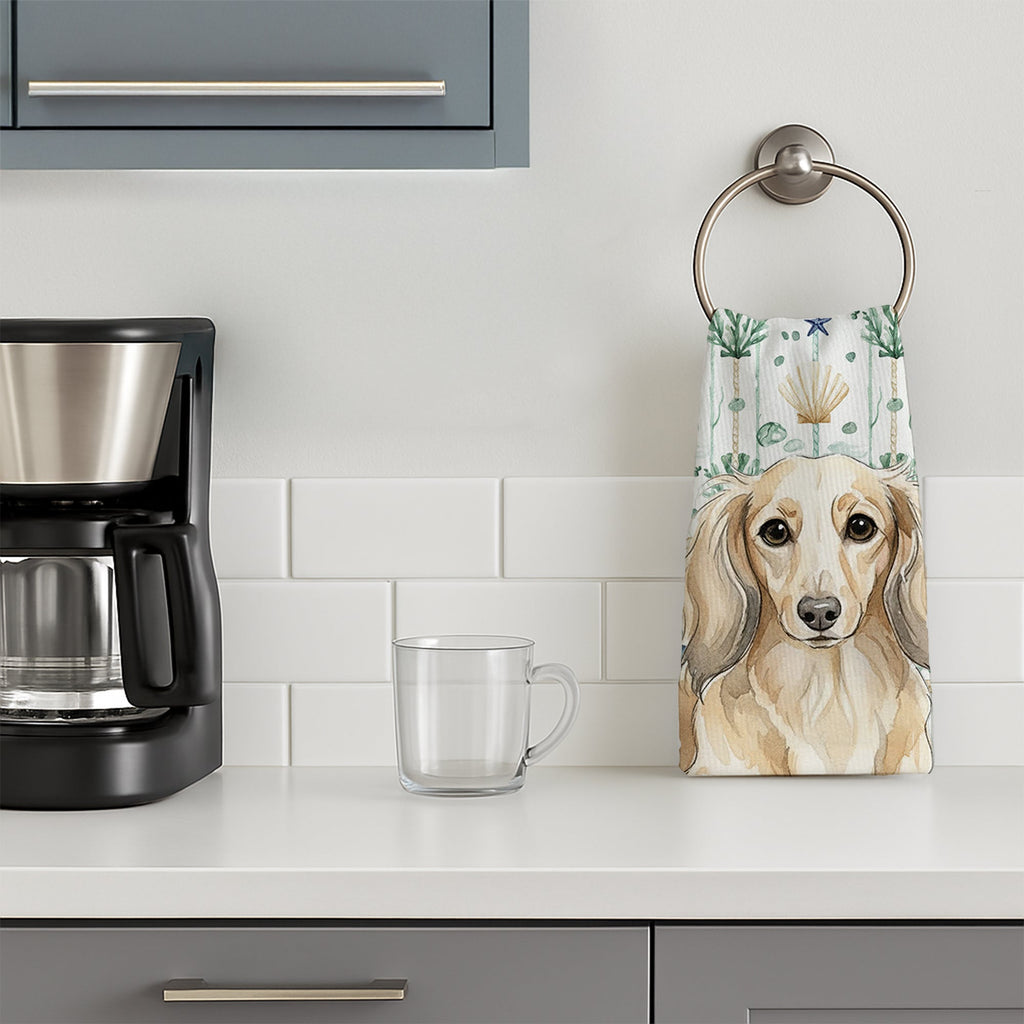 Longhaired Cream Dachshund Coastal Sea Glass Kitchen Towel Velour Plush Front and Cotton Loop Back Machine Washable