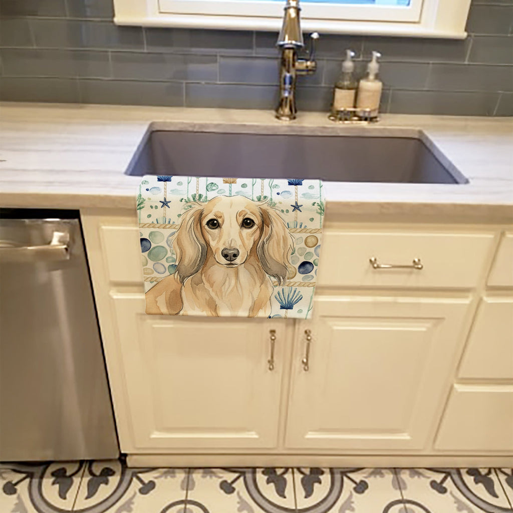 Longhaired Cream Dachshund Coastal Sea Glass Kitchen Towel Velour Plush Front and Cotton Loop Back Machine Washable