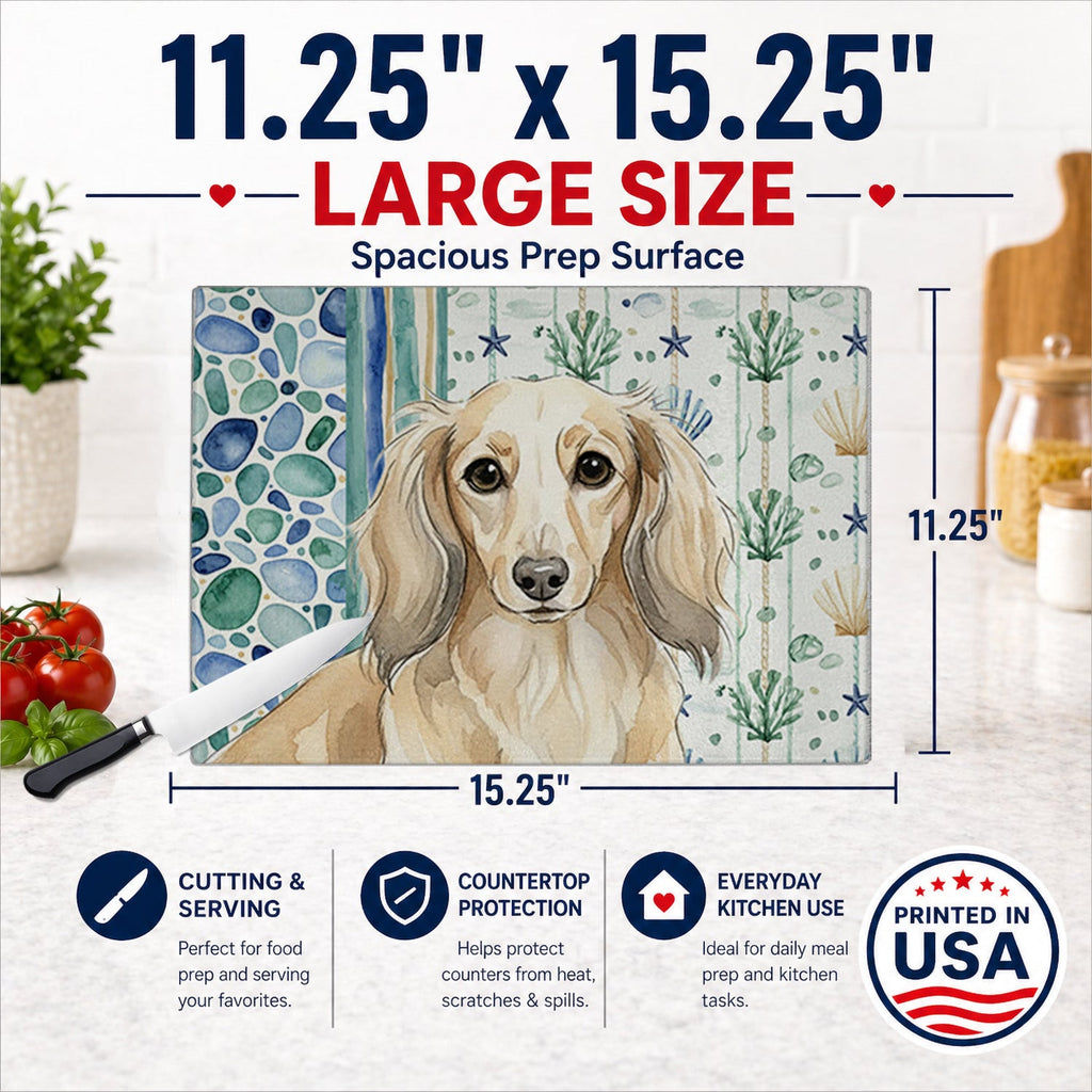 Longhaired Cream Dachshund Coastal Sea Glass Cutting Board Tempered Glass Kitchen Cutting Surface, Heat Resistant Chopping, Non-Slip Feet, Food Prep & Serving
