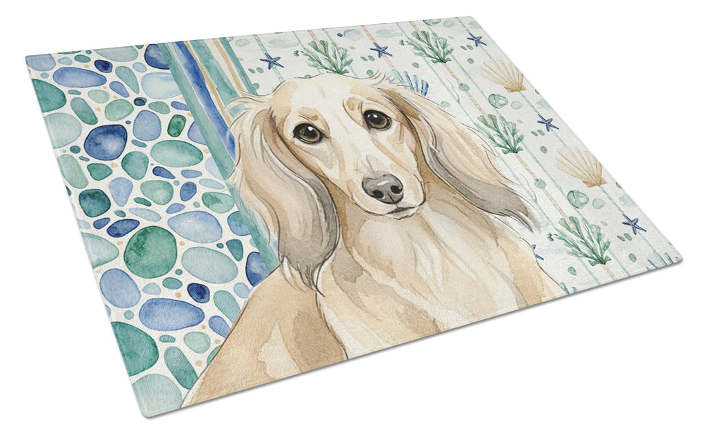 Longhaired Cream Dachshund Coastal Sea Glass Cutting Board Tempered Glass Kitchen Cutting Surface, Heat Resistant Chopping, Non-Slip Feet, Food Prep & Serving