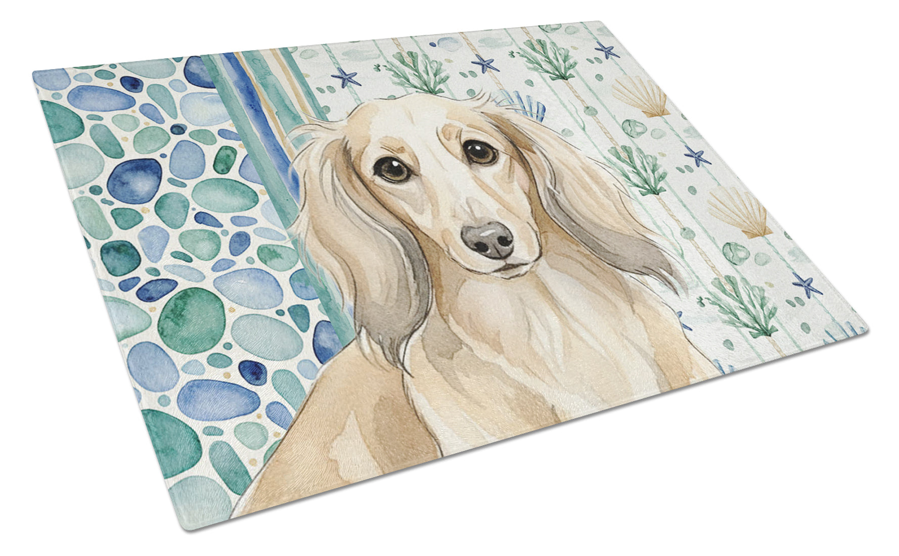 Longhaired Cream Dachshund Coastal Sea Glass Cutting Board Tempered Glass Kitchen Cutting Surface, Heat Resistant Chopping, Non-Slip Feet, Food Prep & Serving