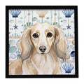 Longhaired Cream Dachshund Coastal Sea Glass Framed Metal Print Bathroom, Kitchen, Office, Home Decor Wall Art Ready to Hang, Square, 8X8