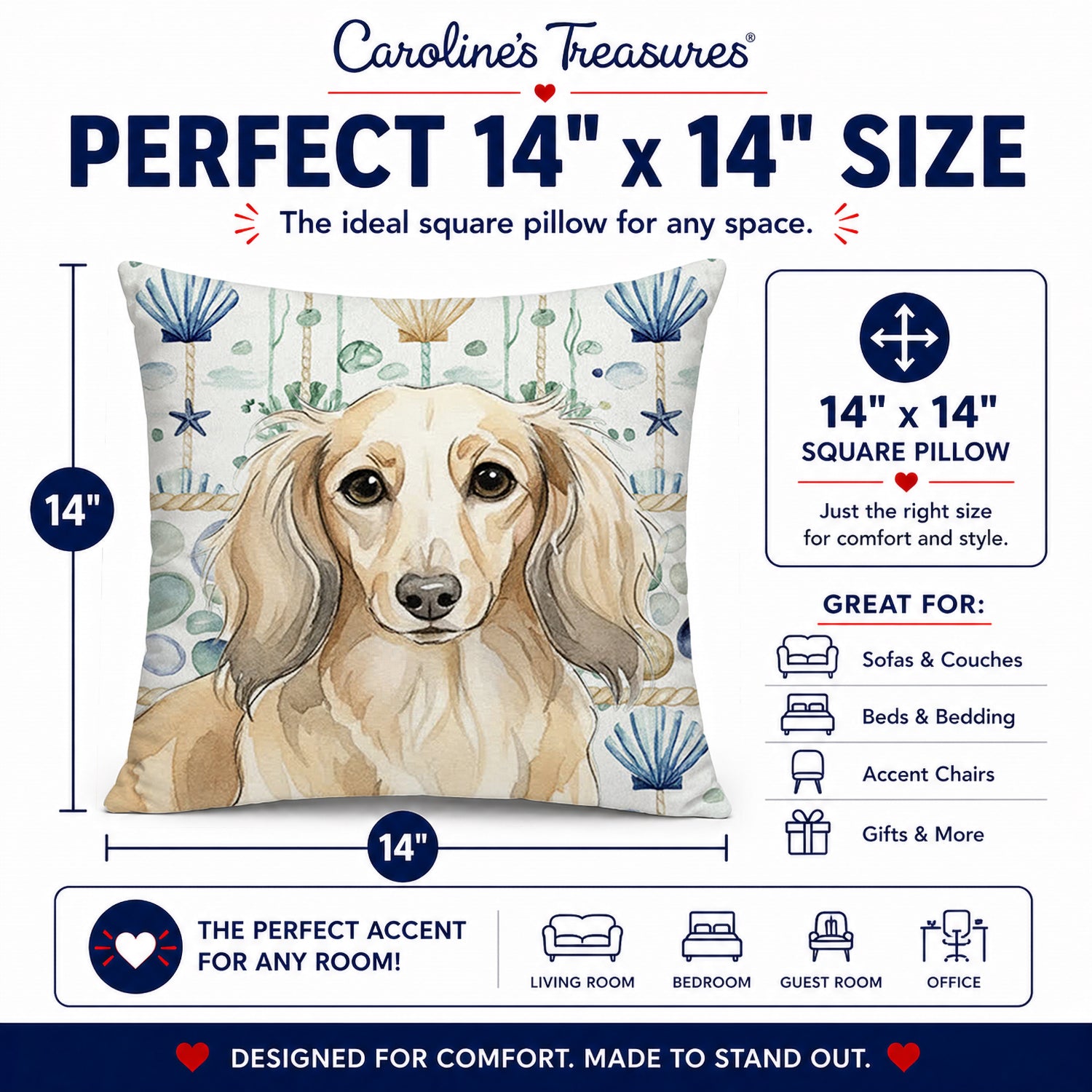 Longhaired Cream Dachshund Coastal Sea Glass Decorative Throw Pillow 14x14 Indoor Outdoor Accent Cushion, Fabric Cover with Insert for Sofa, Bed, Porch & Living Room