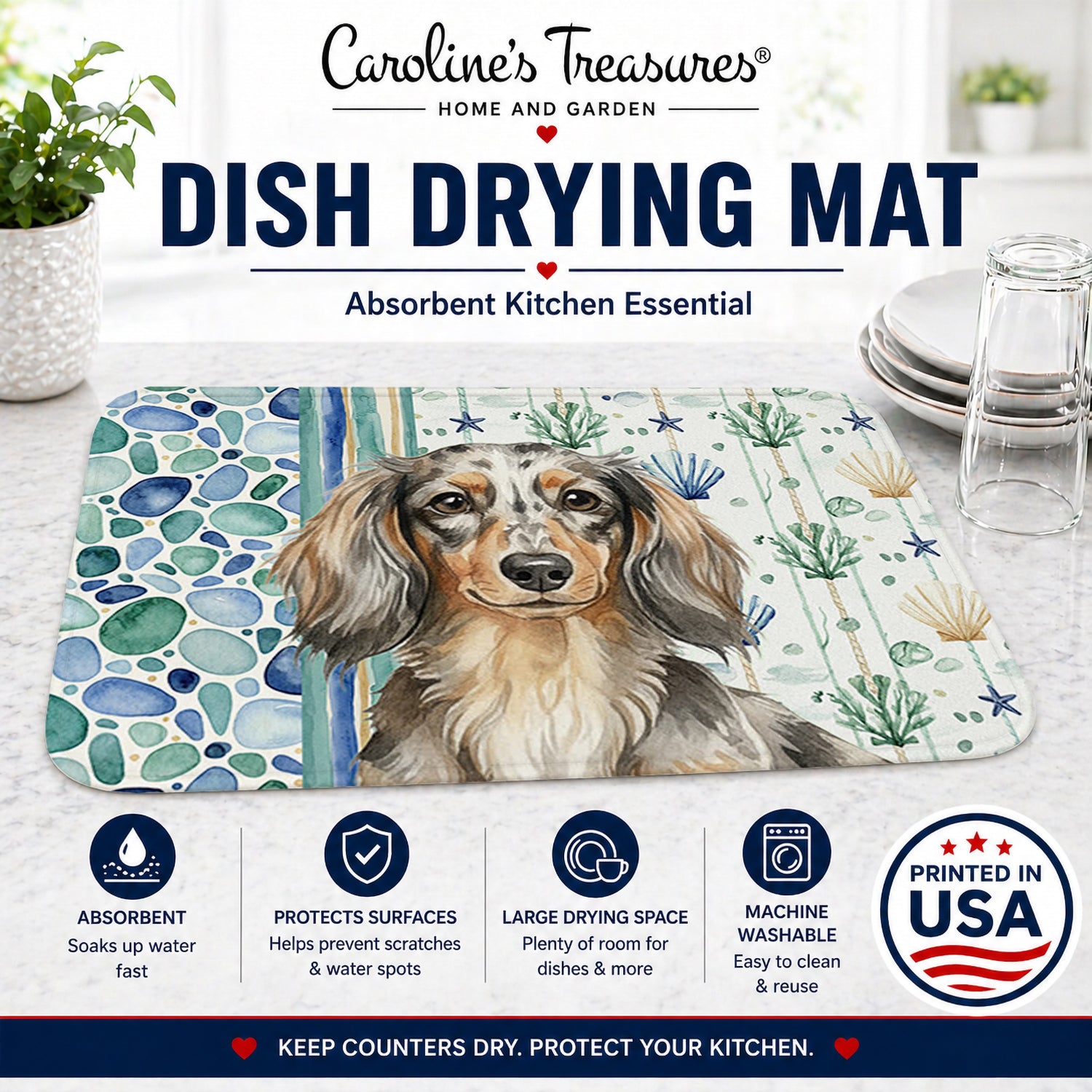 Longhaired Dapple Dachshund Coastal Sea Glass Dish Drying Mat Absorbent Dish Drying Mat Pad for Kitchen Counter Dish Drainer Mat for Countertop, 14 x 21", Multicolor