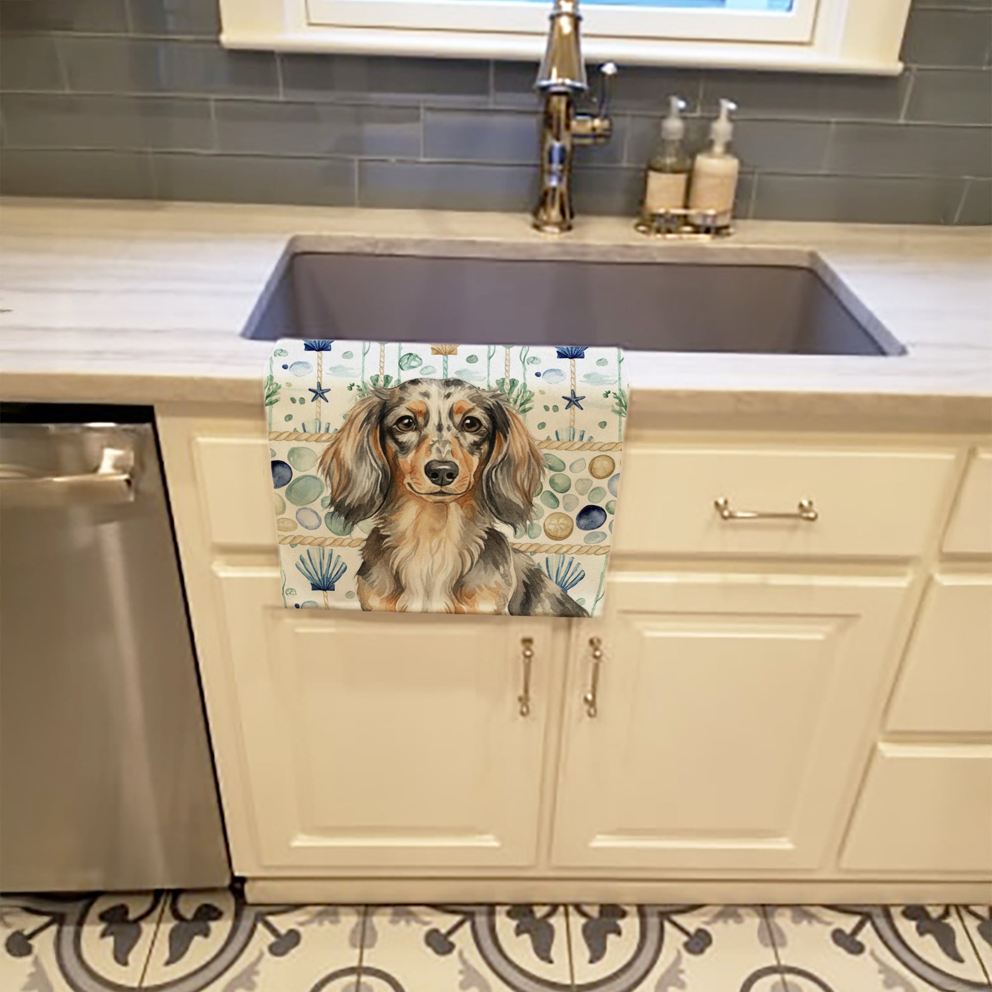 Longhaired Dapple Dachshund Coastal Sea Glass Kitchen Towel Velour Plush Front and Cotton Loop Back Machine Washable