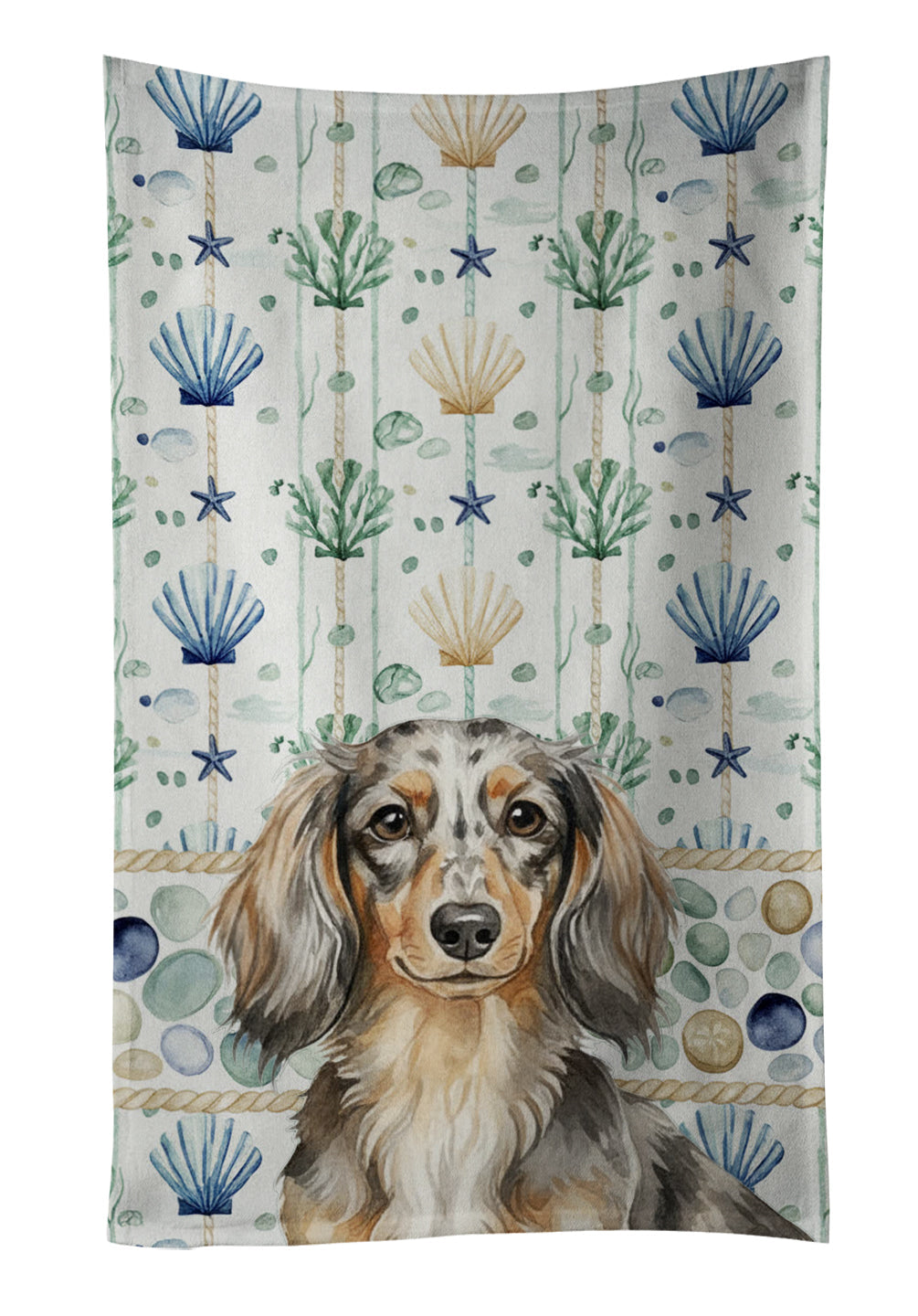Longhaired Dapple Dachshund Coastal Sea Glass Kitchen Towel Velour Plush Front and Cotton Loop Back Machine Washable