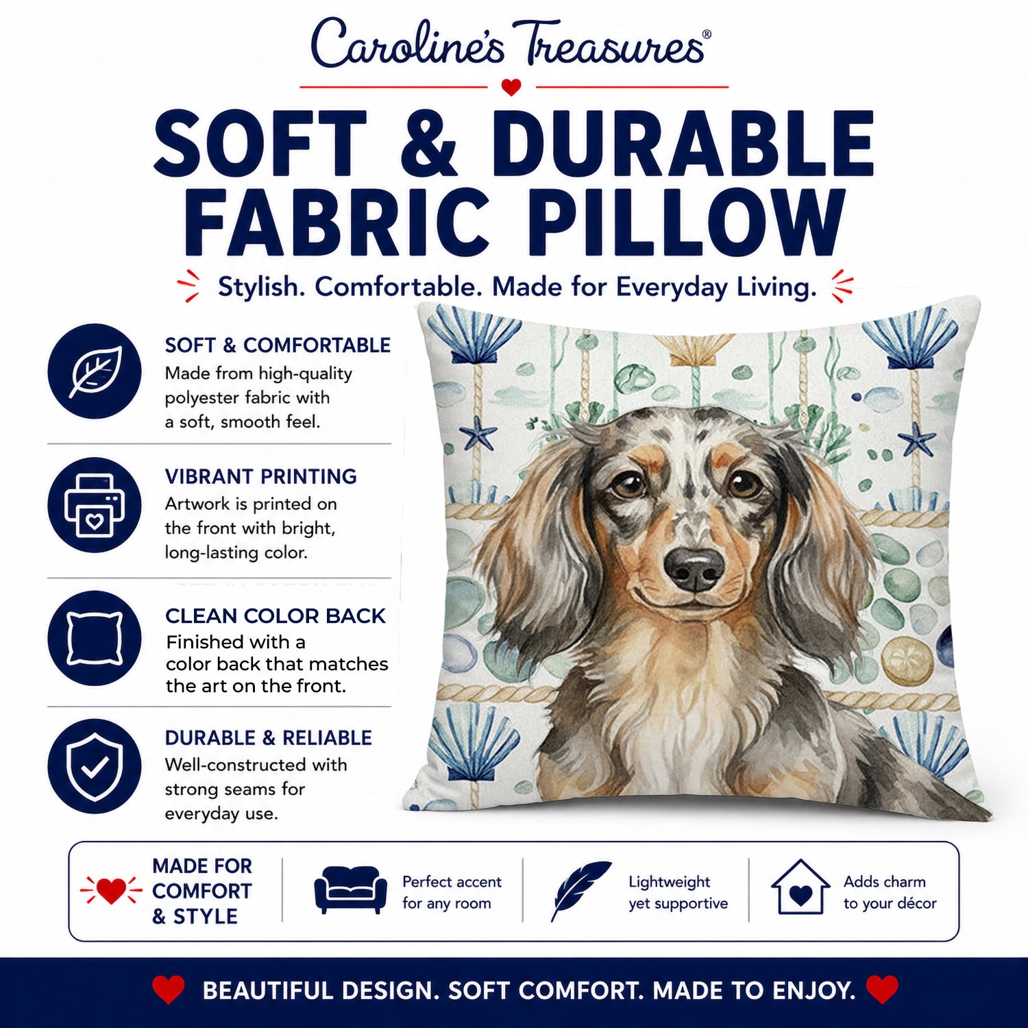 Longhaired Dapple Dachshund Coastal Sea Glass Decorative Throw Pillow 18x18 Indoor Outdoor Accent Cushion, Fabric Cover with Insert for Sofa, Bed, Porch & Living Room