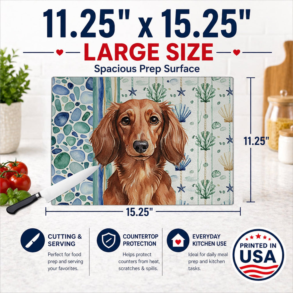Longhaired Red Dachshund Coastal Sea Glass Cutting Board Tempered Glass Kitchen Cutting Surface, Heat Resistant Chopping, Non-Slip Feet, Food Prep & Serving