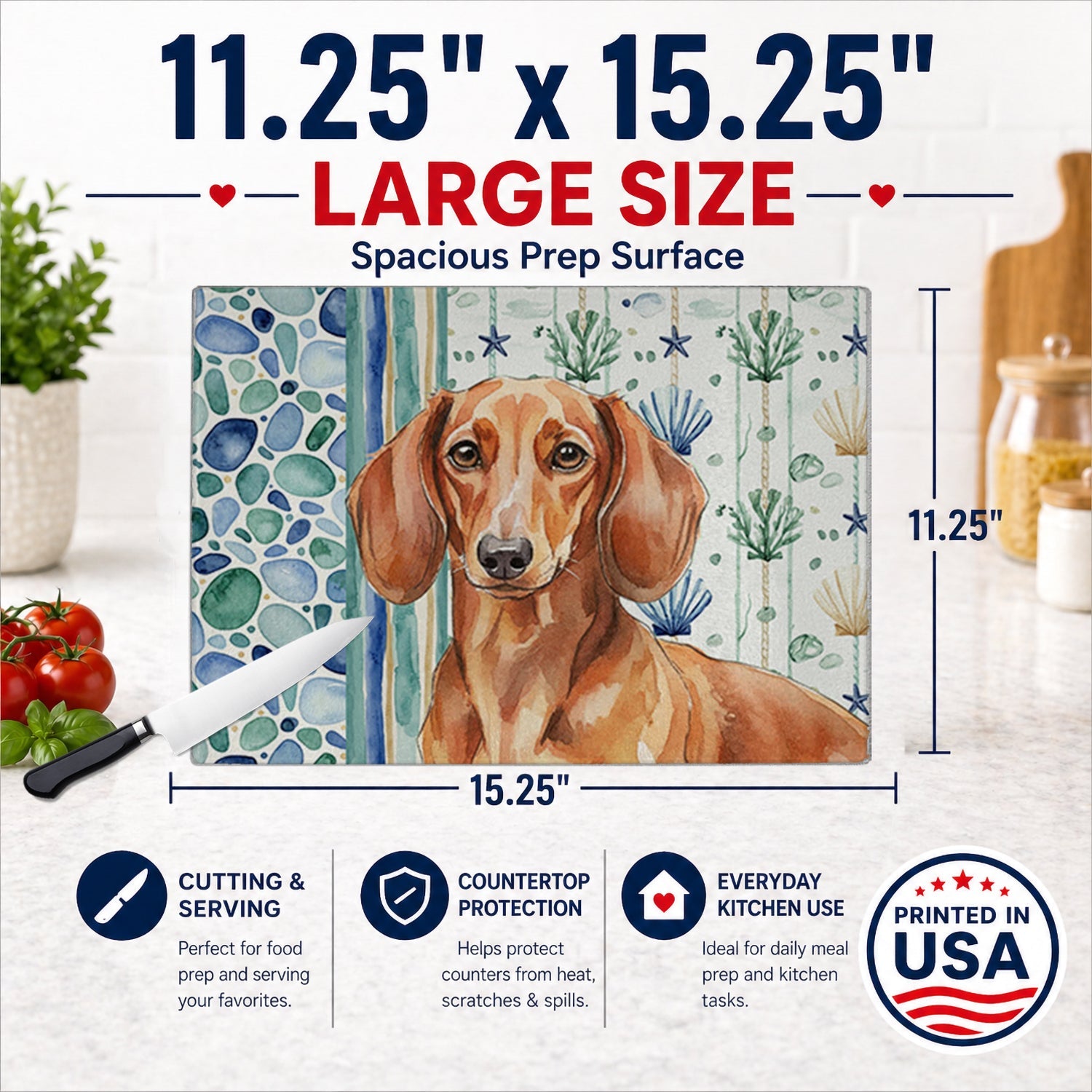 Red Brown Dachshund Coastal Sea Glass Cutting Board Tempered Glass Kitchen Cutting Surface, Heat Resistant Chopping, Non-Slip Feet, Food Prep & Serving