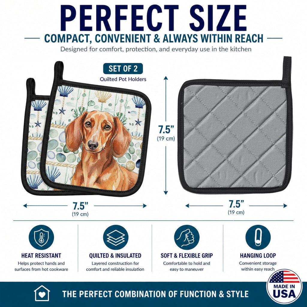 Red Brown Dachshund Coastal Sea Glass Pot Holder Set of 2 Heat Resistant Quilted Hot Pads 7.5 x 7.5 Inch, Insulated Kitchen Trivets for Cooking & Baking