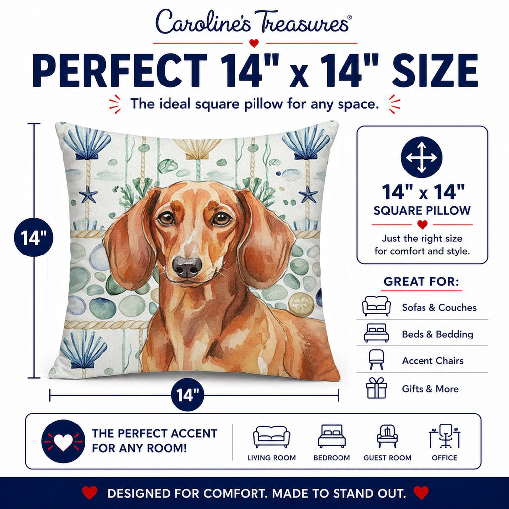 Red Brown Dachshund Coastal Sea Glass Decorative Throw Pillow 14x14 Indoor Outdoor Accent Cushion, Fabric Cover with Insert for Sofa, Bed, Porch & Living Room
