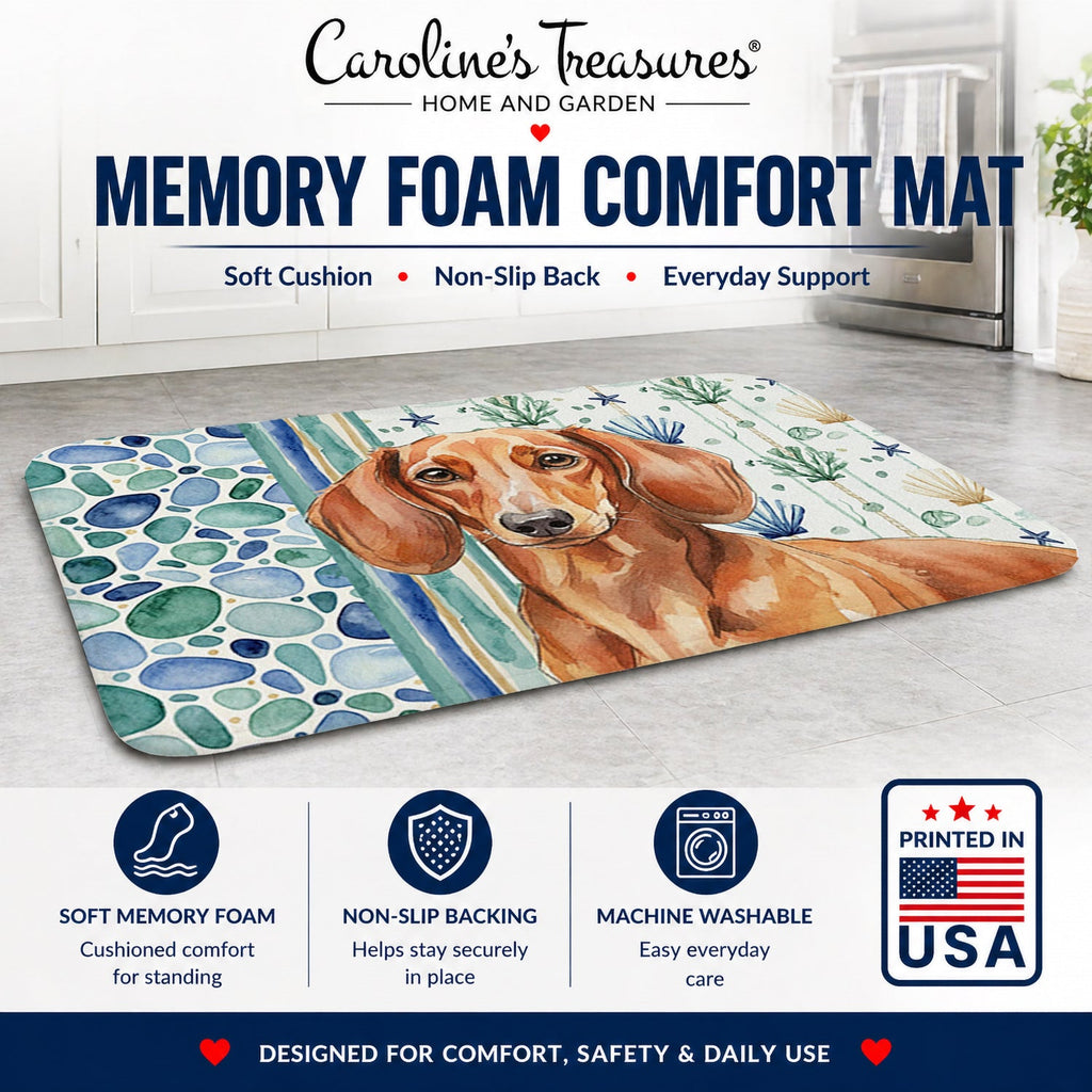 Red Brown Dachshund Coastal Sea Glass Memory Foam Kitchen Mat Machine Washable Anti-Fatigue Cushion Comfort Bath or Kitchen Rug
