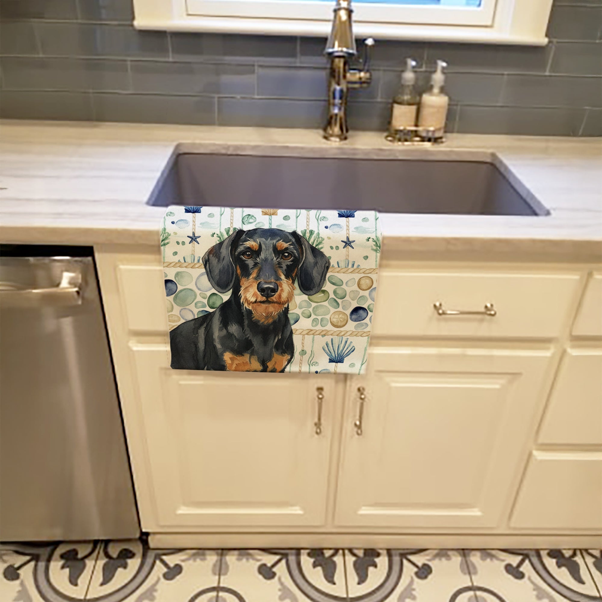 Wirehaired Black and Tan Dachshund Coastal Sea Glass Kitchen Towel Velour Plush Front and Cotton Loop Back Machine Washable