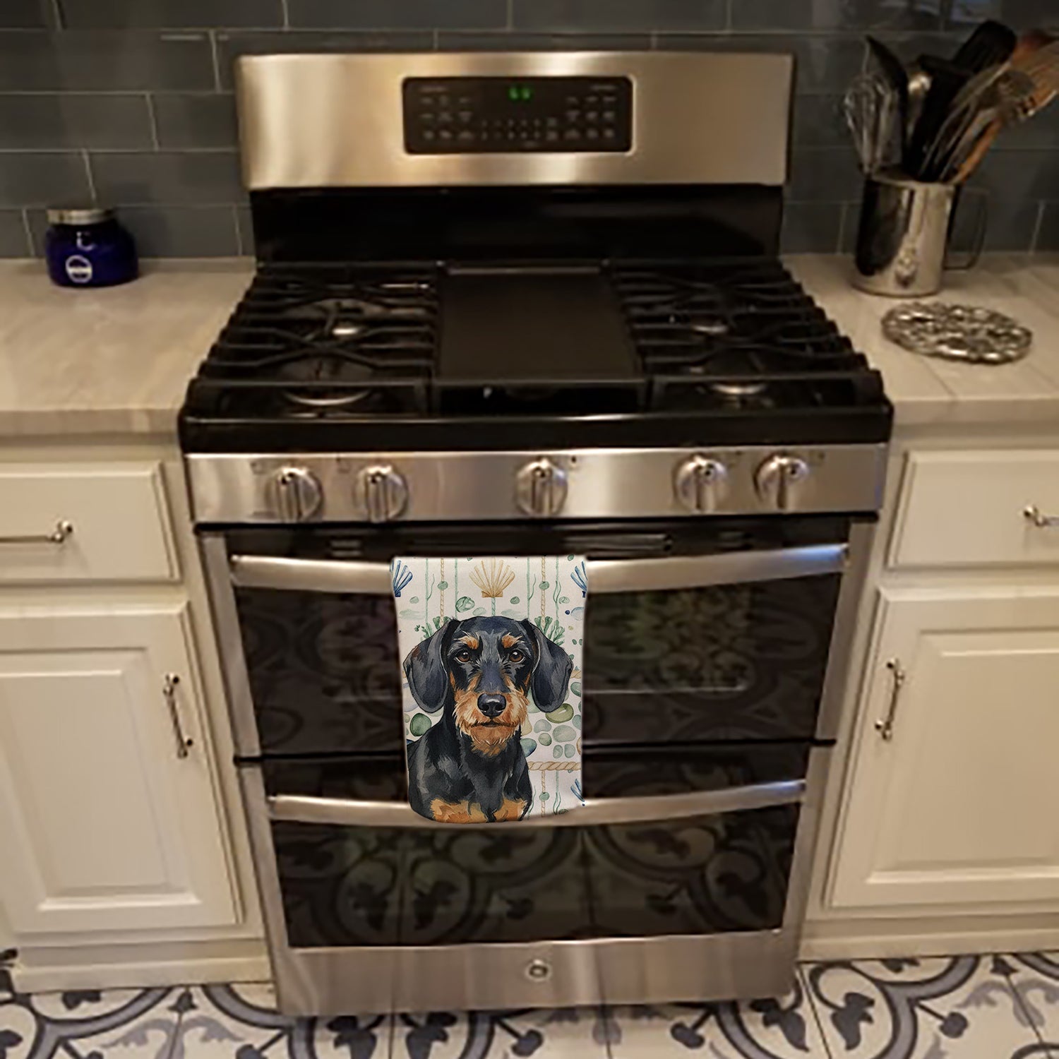 Wirehaired Black and Tan Dachshund Coastal Sea Glass Kitchen Towel Velour Plush Front and Cotton Loop Back Machine Washable
