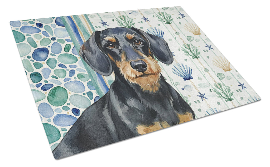 Wirehaired Black and Tan Dachshund Coastal Sea Glass Cutting Board Tempered Glass Kitchen Cutting Surface, Heat Resistant Chopping, Non-Slip Feet, Food Prep & Serving