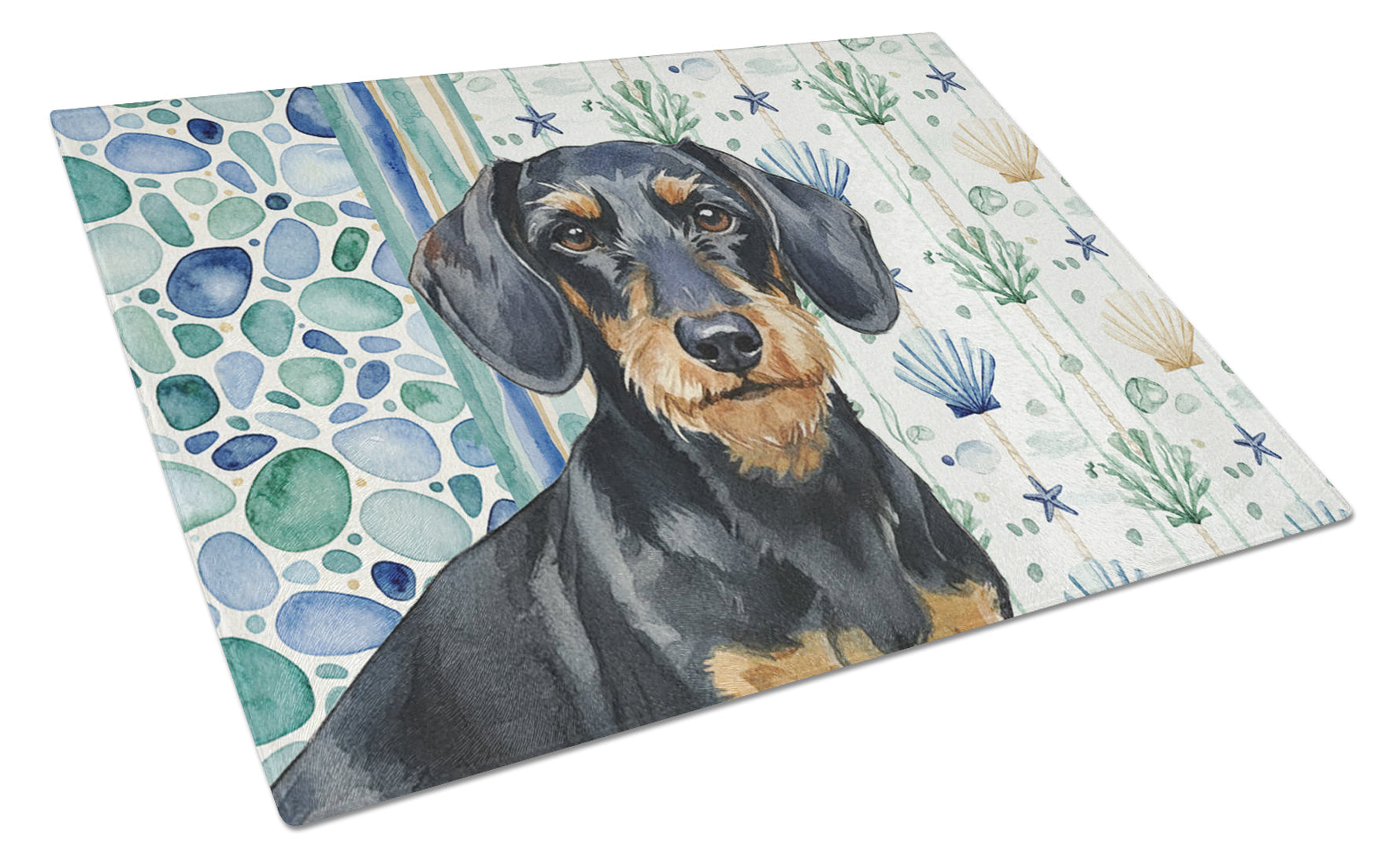 Wirehaired Black and Tan Dachshund Coastal Sea Glass Cutting Board Tempered Glass Kitchen Cutting Surface, Heat Resistant Chopping, Non-Slip Feet, Food Prep & Serving