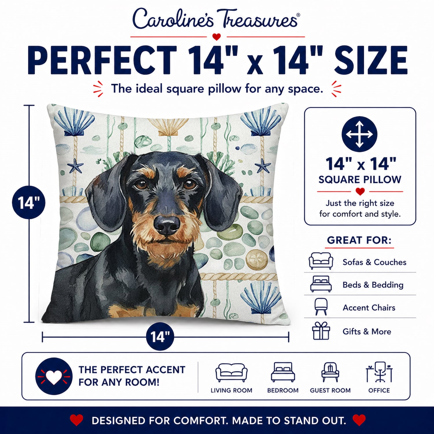 Wirehaired Black and Tan Dachshund Coastal Sea Glass Decorative Throw Pillow 14x14 Indoor Outdoor Accent Cushion, Fabric Cover with Insert for Sofa, Bed, Porch & Living Room