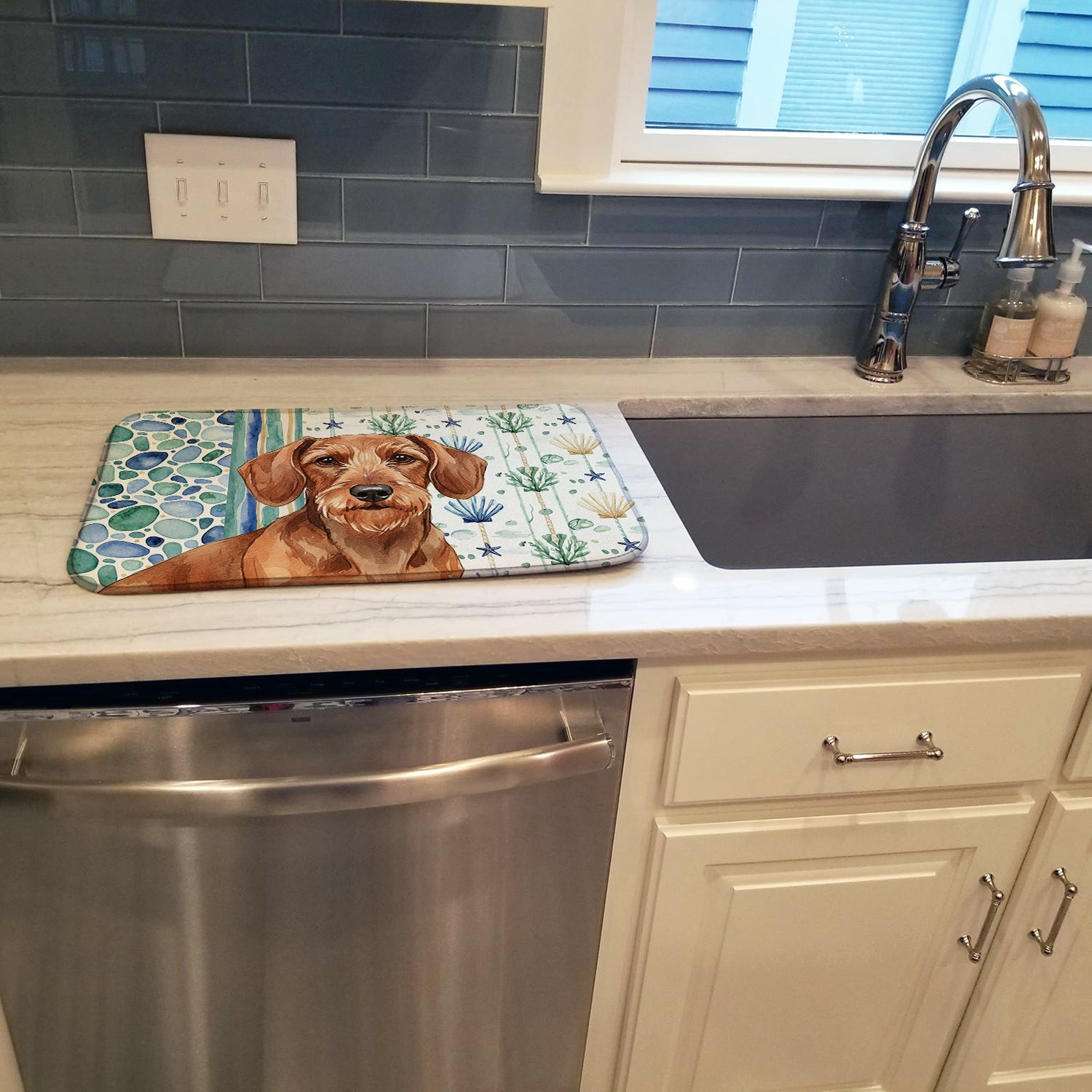 Wirehaired Red Dachshund Coastal Sea Glass Dish Drying Mat Absorbent Dish Drying Mat Pad for Kitchen Counter Dish Drainer Mat for Countertop, 14 x 21", Multicolor