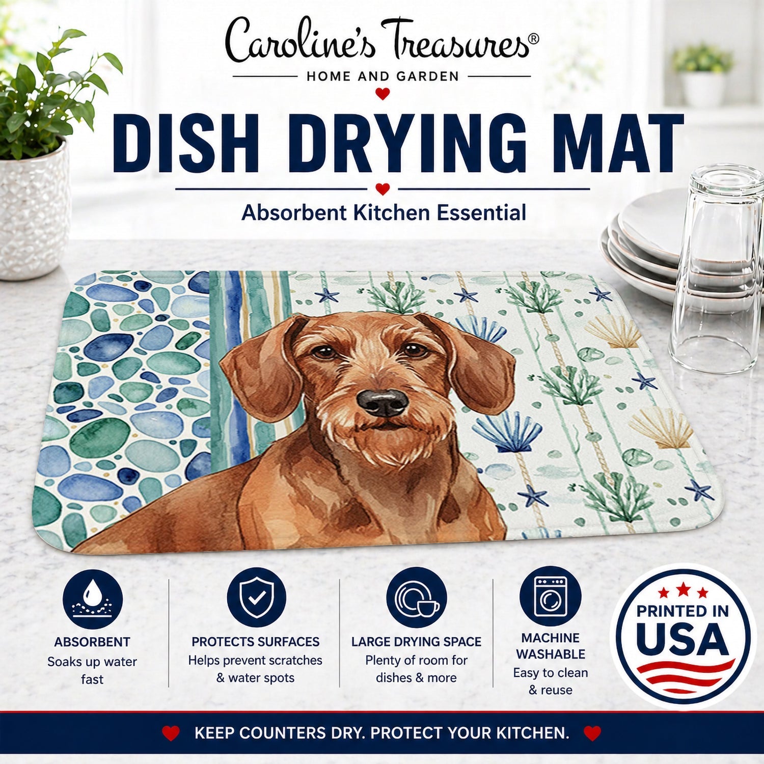 Wirehaired Red Dachshund Coastal Sea Glass Dish Drying Mat Absorbent Dish Drying Mat Pad for Kitchen Counter Dish Drainer Mat for Countertop, 14 x 21", Multicolor