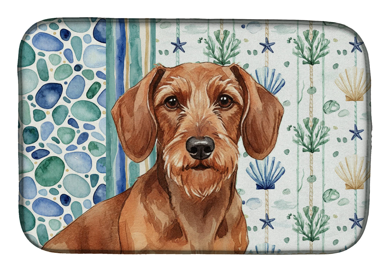 Wirehaired Red Dachshund Coastal Sea Glass Dish Drying Mat Absorbent Dish Drying Mat Pad for Kitchen Counter Dish Drainer Mat for Countertop, 14 x 21", Multicolor