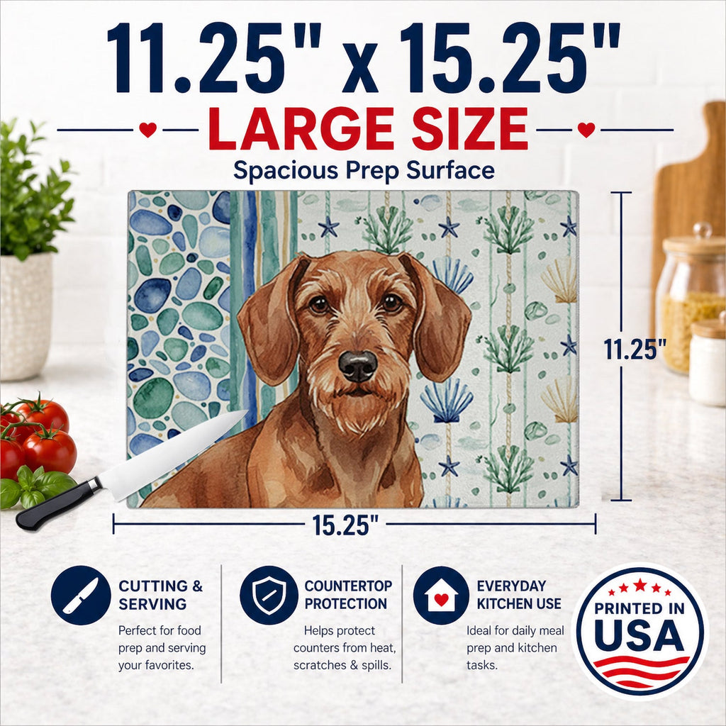 Wirehaired Red Dachshund Coastal Sea Glass Cutting Board Tempered Glass Kitchen Cutting Surface, Heat Resistant Chopping, Non-Slip Feet, Food Prep & Serving