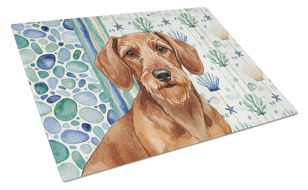 Wirehaired Red Dachshund Coastal Sea Glass Cutting Board Tempered Glass Kitchen Cutting Surface, Heat Resistant Chopping, Non-Slip Feet, Food Prep & Serving