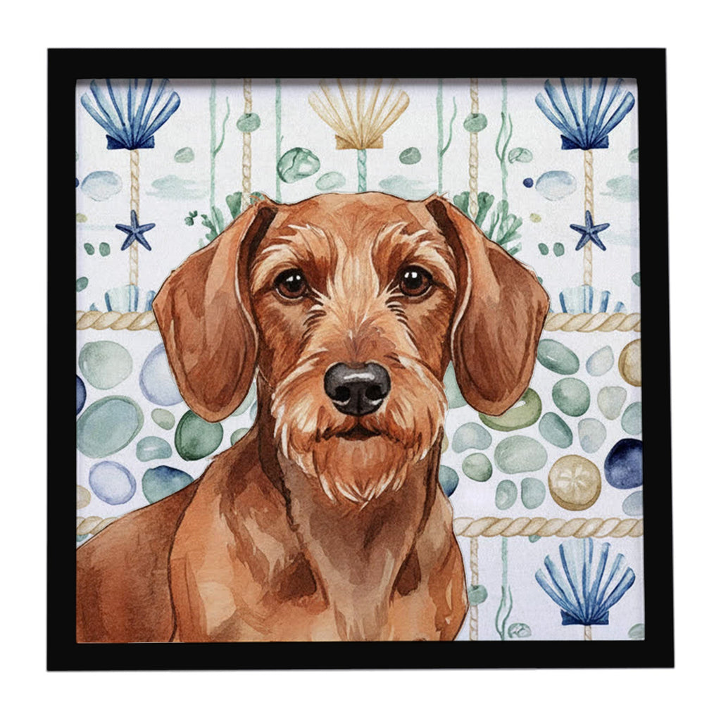 Wirehaired Red Dachshund Coastal Sea Glass Framed Metal Print Bathroom, Kitchen, Office, Home Decor Wall Art Ready to Hang, Square, 8X8