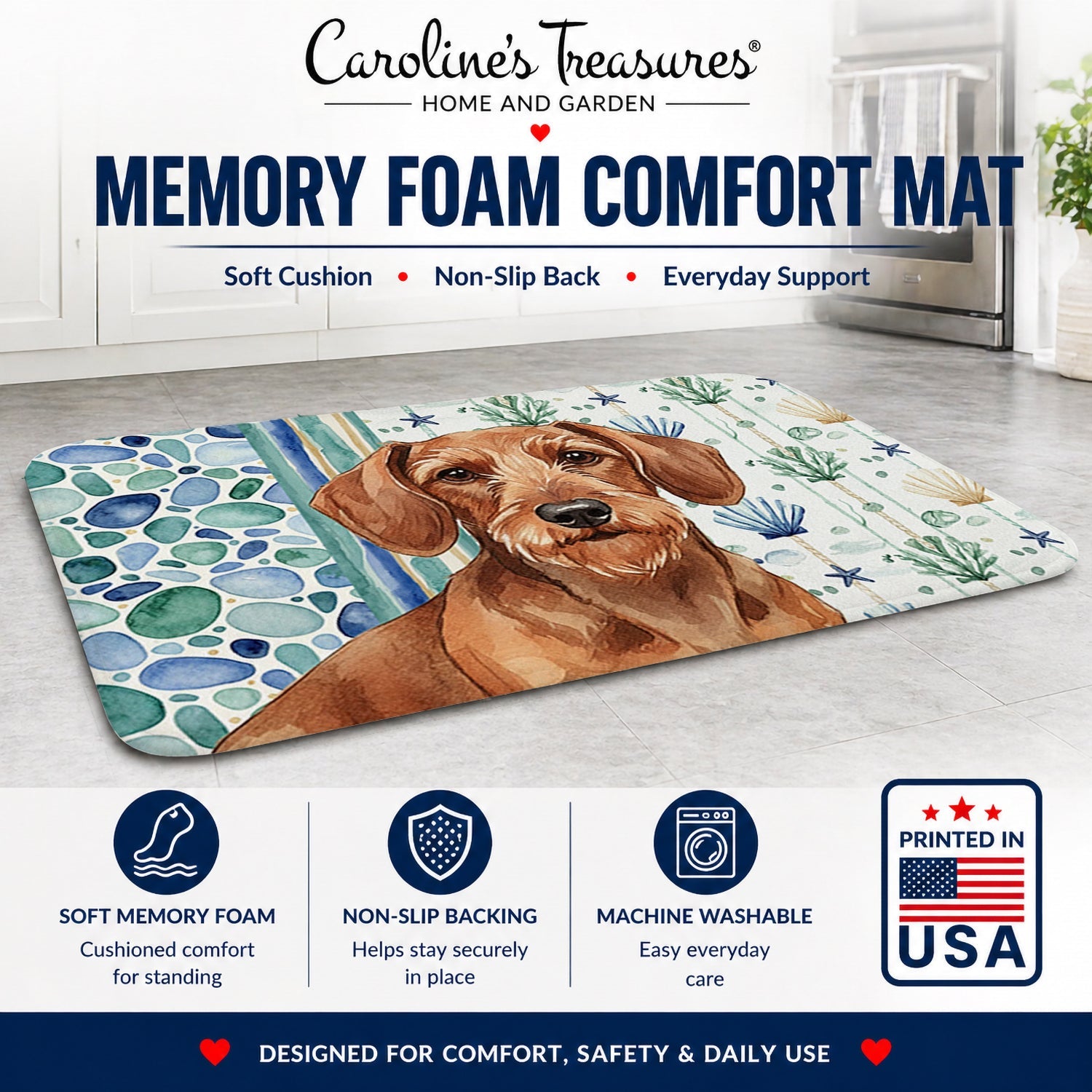 Wirehaired Red Dachshund Coastal Sea Glass Memory Foam Kitchen Mat Machine Washable Anti-Fatigue Cushion Comfort Bath or Kitchen Rug