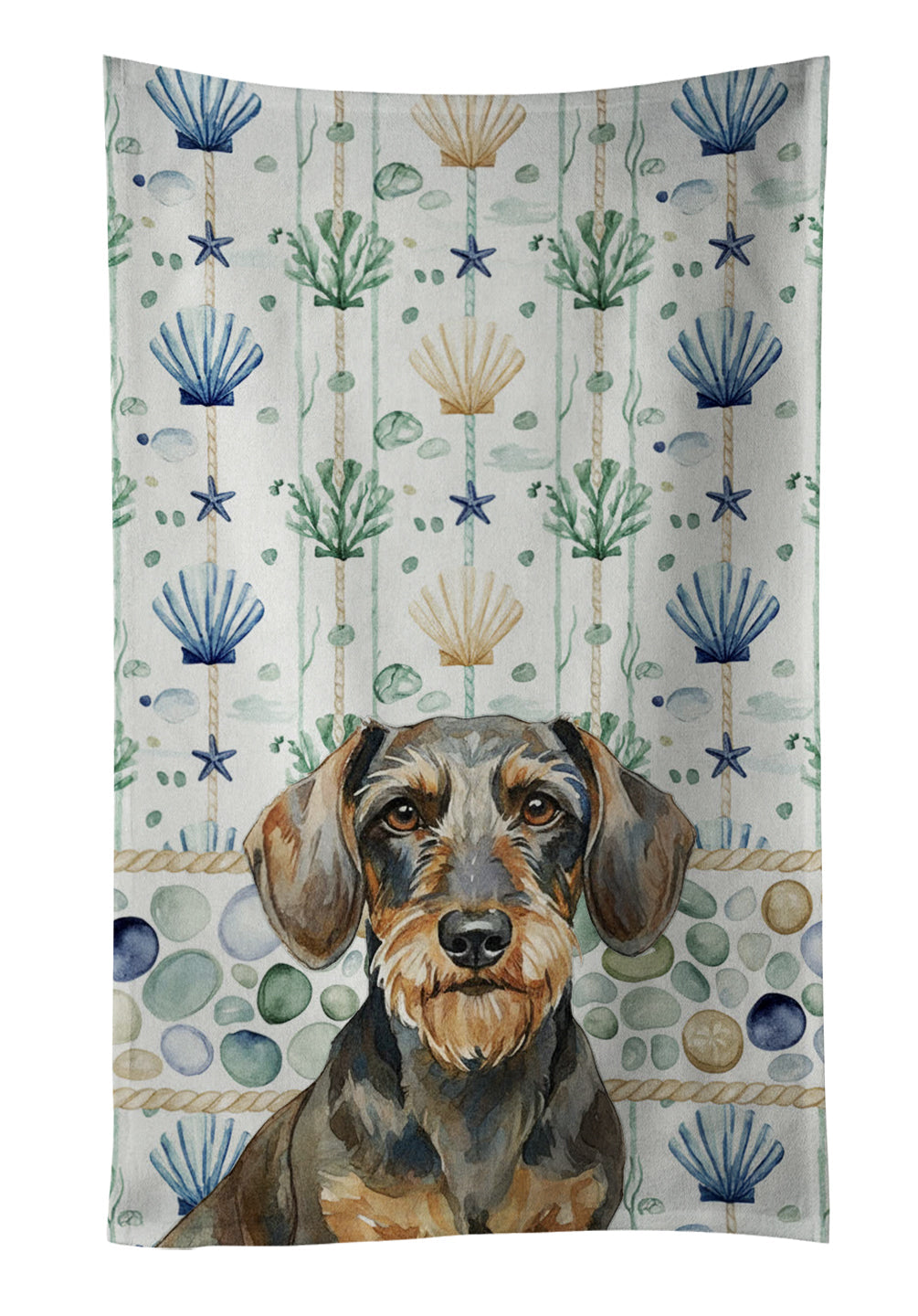 Wirehaired Wild Boar Dachshund Coastal Sea Glass Kitchen Towel Velour Plush Front and Cotton Loop Back Machine Washable