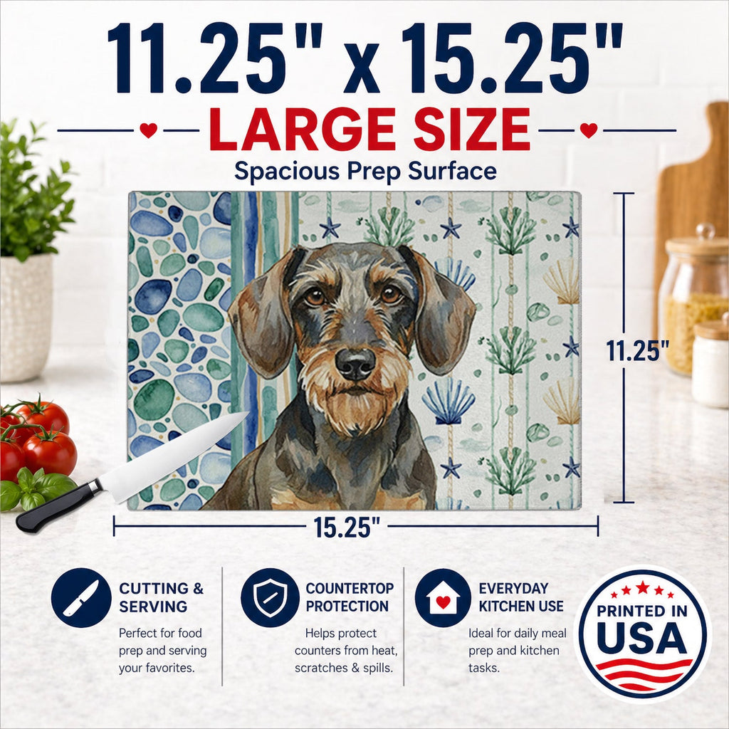 Wirehaired Wild Boar Dachshund Coastal Sea Glass Cutting Board Tempered Glass Kitchen Cutting Surface, Heat Resistant Chopping, Non-Slip Feet, Food Prep & Serving