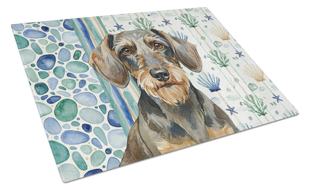 Wirehaired Wild Boar Dachshund Coastal Sea Glass Cutting Board Tempered Glass Kitchen Cutting Surface, Heat Resistant Chopping, Non-Slip Feet, Food Prep & Serving