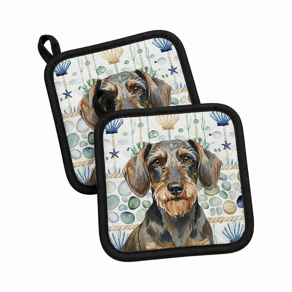 Wirehaired Wild Boar Dachshund Coastal Sea Glass Pot Holder Set of 2 Heat Resistant Quilted Hot Pads 7.5 x 7.5 Inch, Insulated Kitchen Trivets for Cooking & Baking