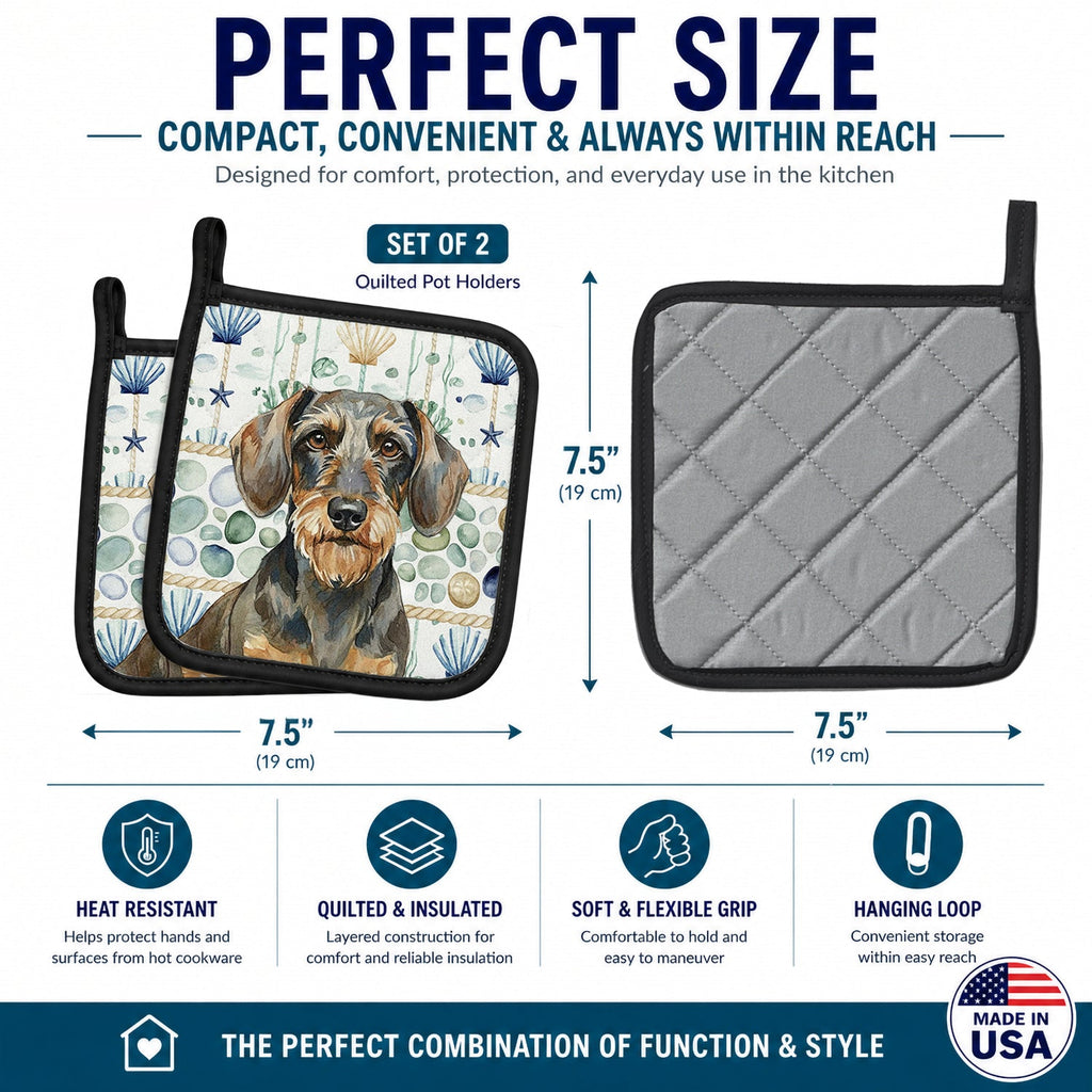 Wirehaired Wild Boar Dachshund Coastal Sea Glass Pot Holder Set of 2 Heat Resistant Quilted Hot Pads 7.5 x 7.5 Inch, Insulated Kitchen Trivets for Cooking & Baking