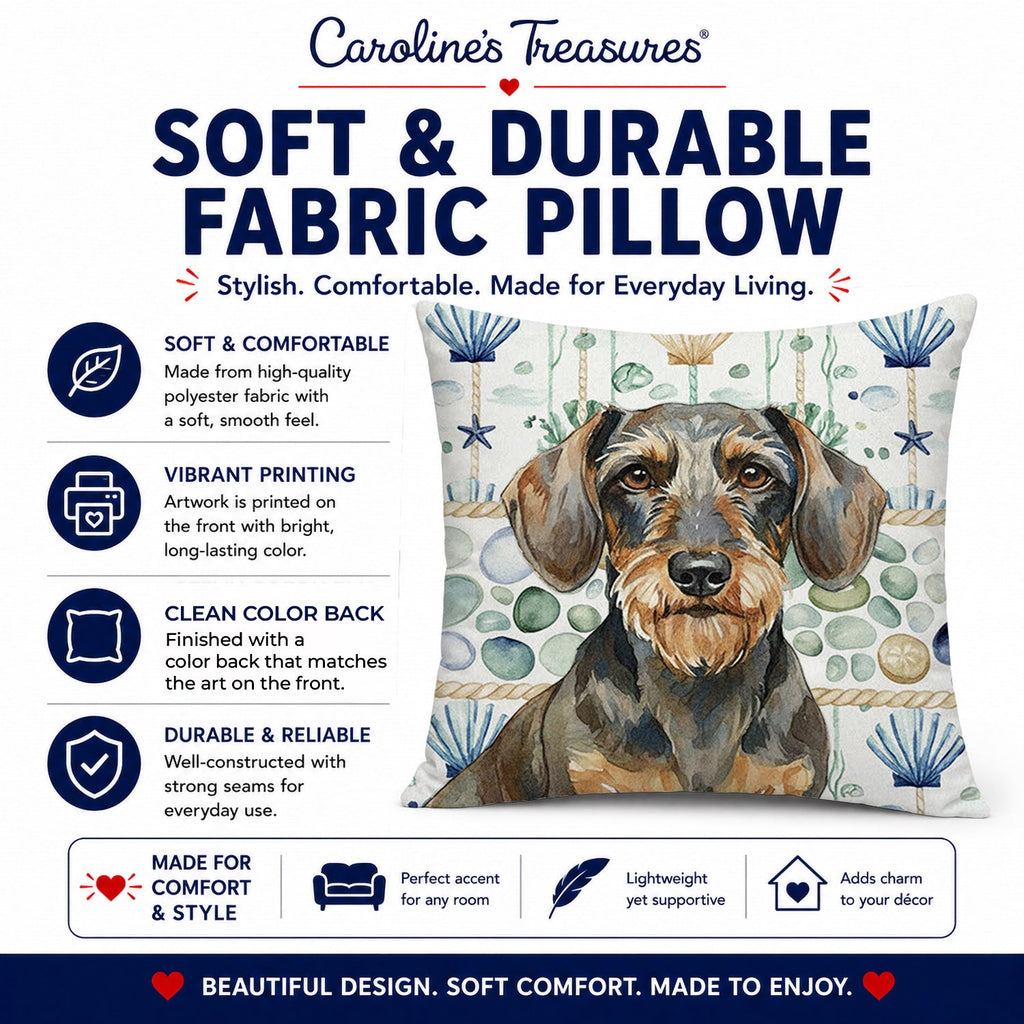 Wirehaired Wild Boar Dachshund Coastal Sea Glass Decorative Throw Pillow 14x14 Indoor Outdoor Accent Cushion, Fabric Cover with Insert for Sofa, Bed, Porch & Living Room