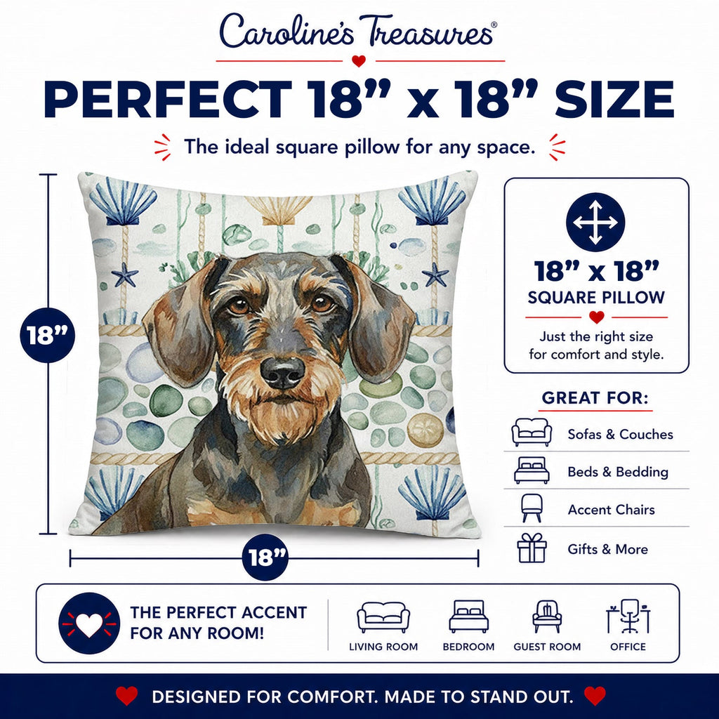 Wirehaired Wild Boar Dachshund Coastal Sea Glass Decorative Throw Pillow 18x18 Indoor Outdoor Accent Cushion, Fabric Cover with Insert for Sofa, Bed, Porch & Living Room