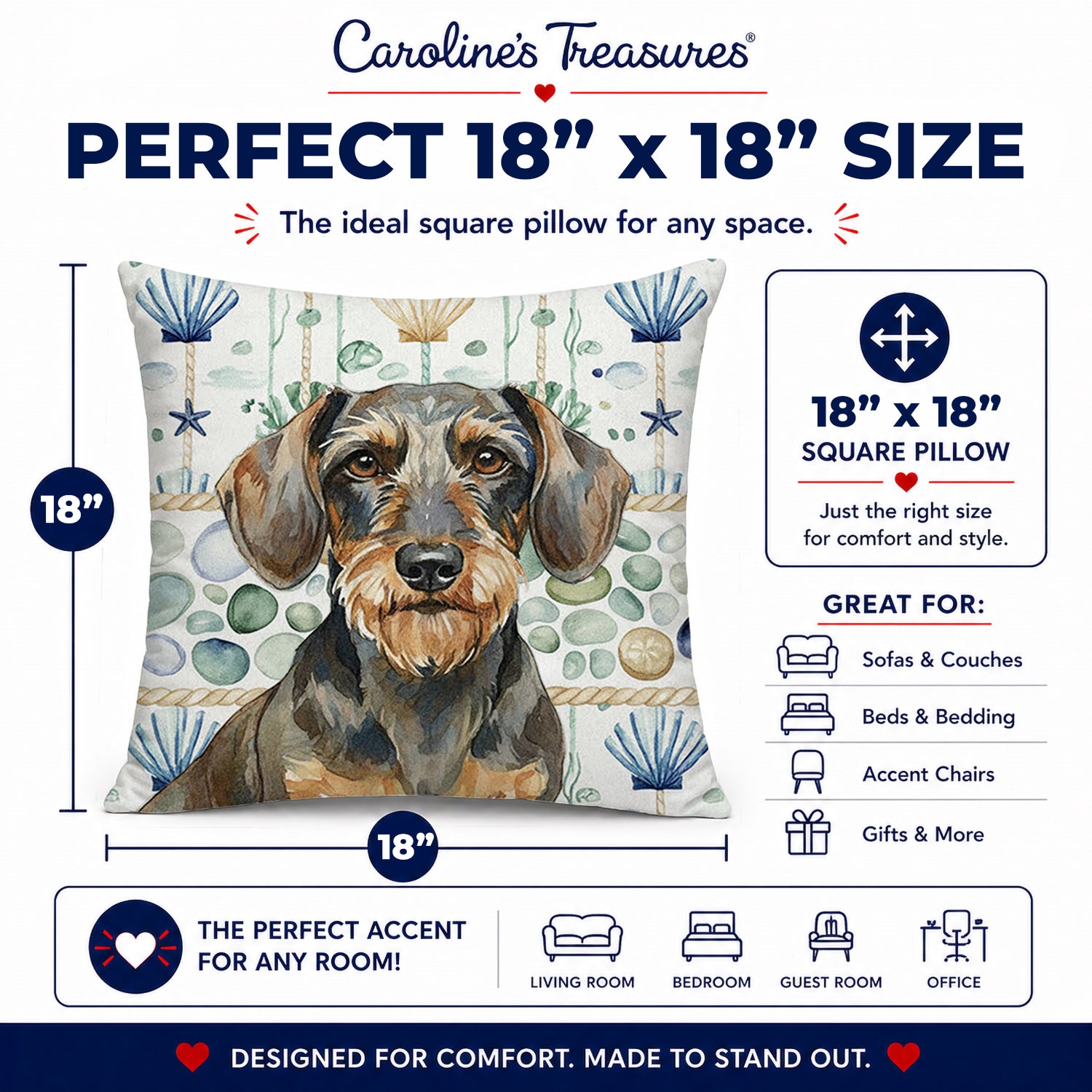 Wirehaired Wild Boar Dachshund Coastal Sea Glass Decorative Throw Pillow 18x18 Indoor Outdoor Accent Cushion, Fabric Cover with Insert for Sofa, Bed, Porch & Living Room