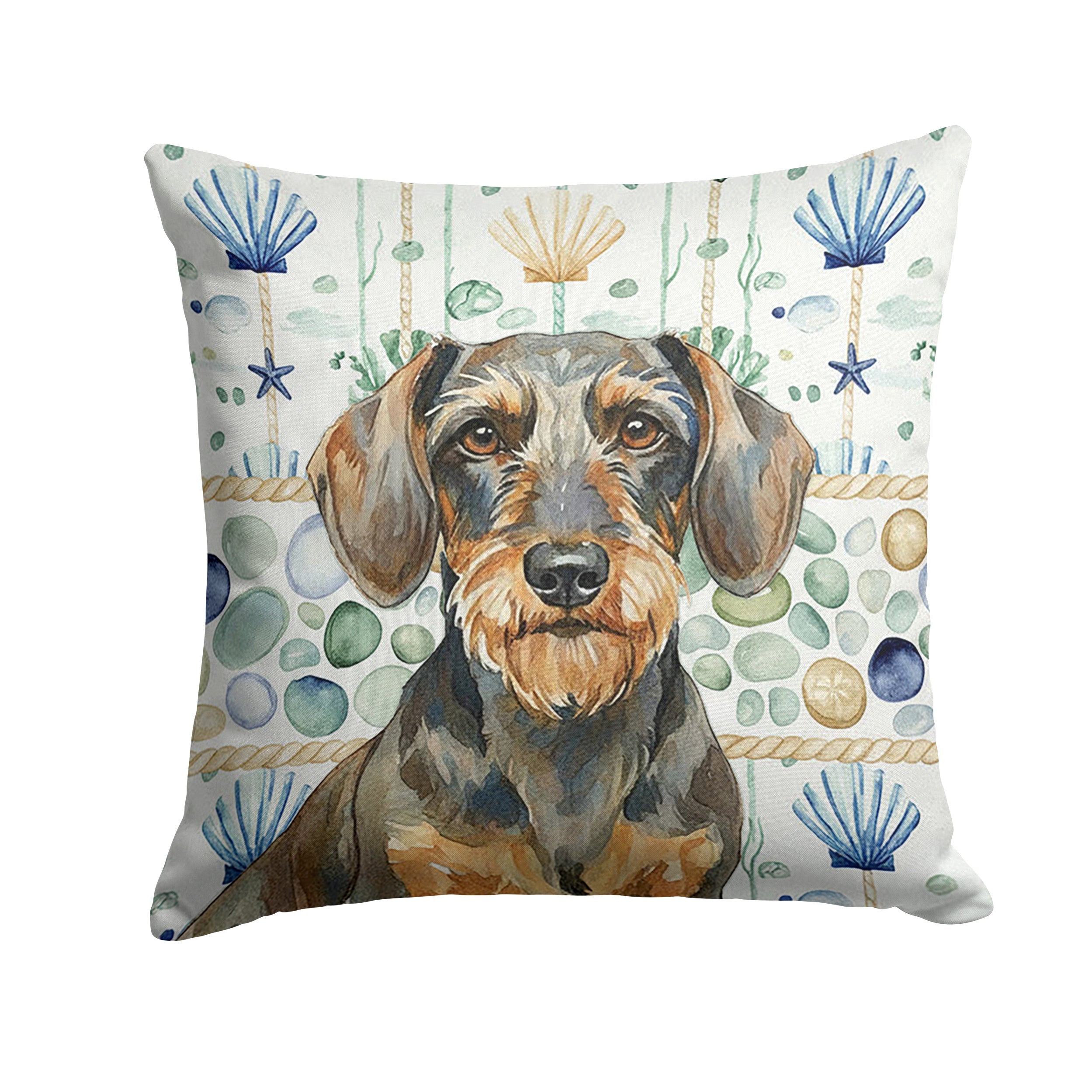 Wirehaired Wild Boar Dachshund Coastal Sea Glass Decorative Throw Pillow 18x18 Indoor Outdoor Accent Cushion, Fabric Cover with Insert for Sofa, Bed, Porch & Living Room